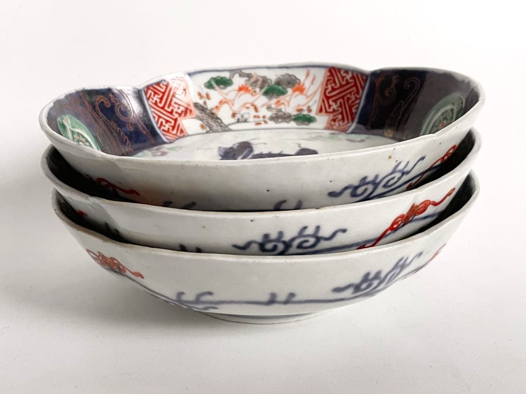 骨董　アンティーク　古伊万里　色絵　麒麟図　木瓜形　変形皿　向付　膾皿　3枚