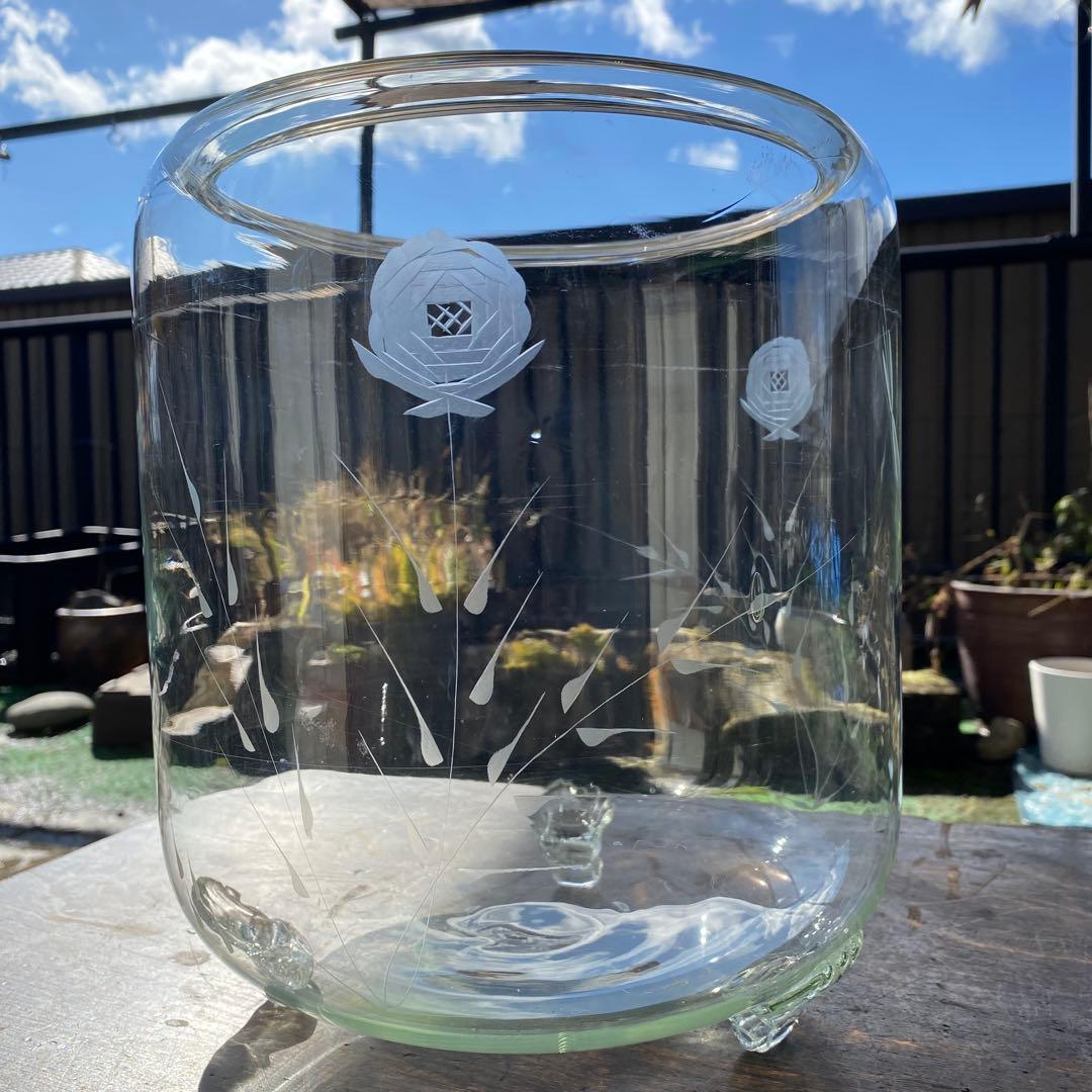 アンティークガラス瓶 切子 脚付き 金魚鉢 レトロ 花柄