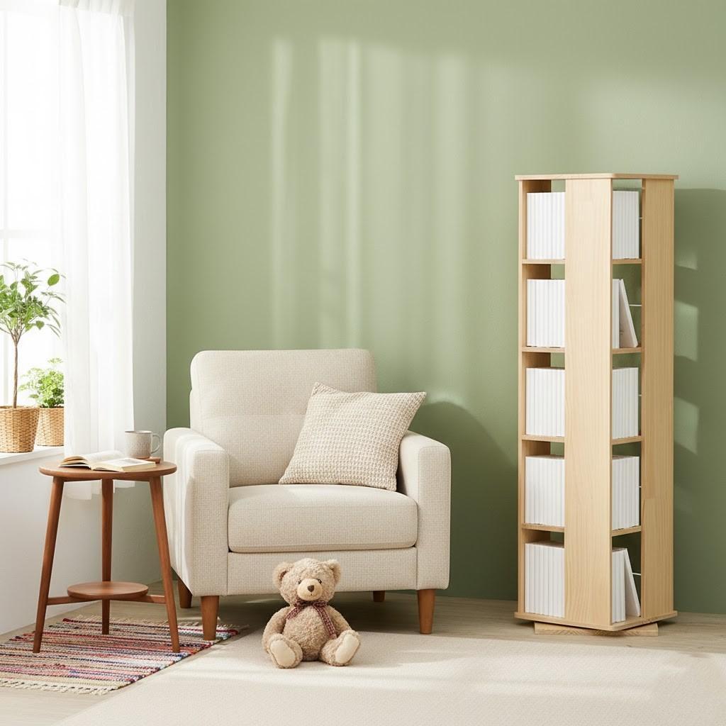 フォロー割【新品】無塗装パイン材　360度回転式　ブックラック　本棚　シェルフ