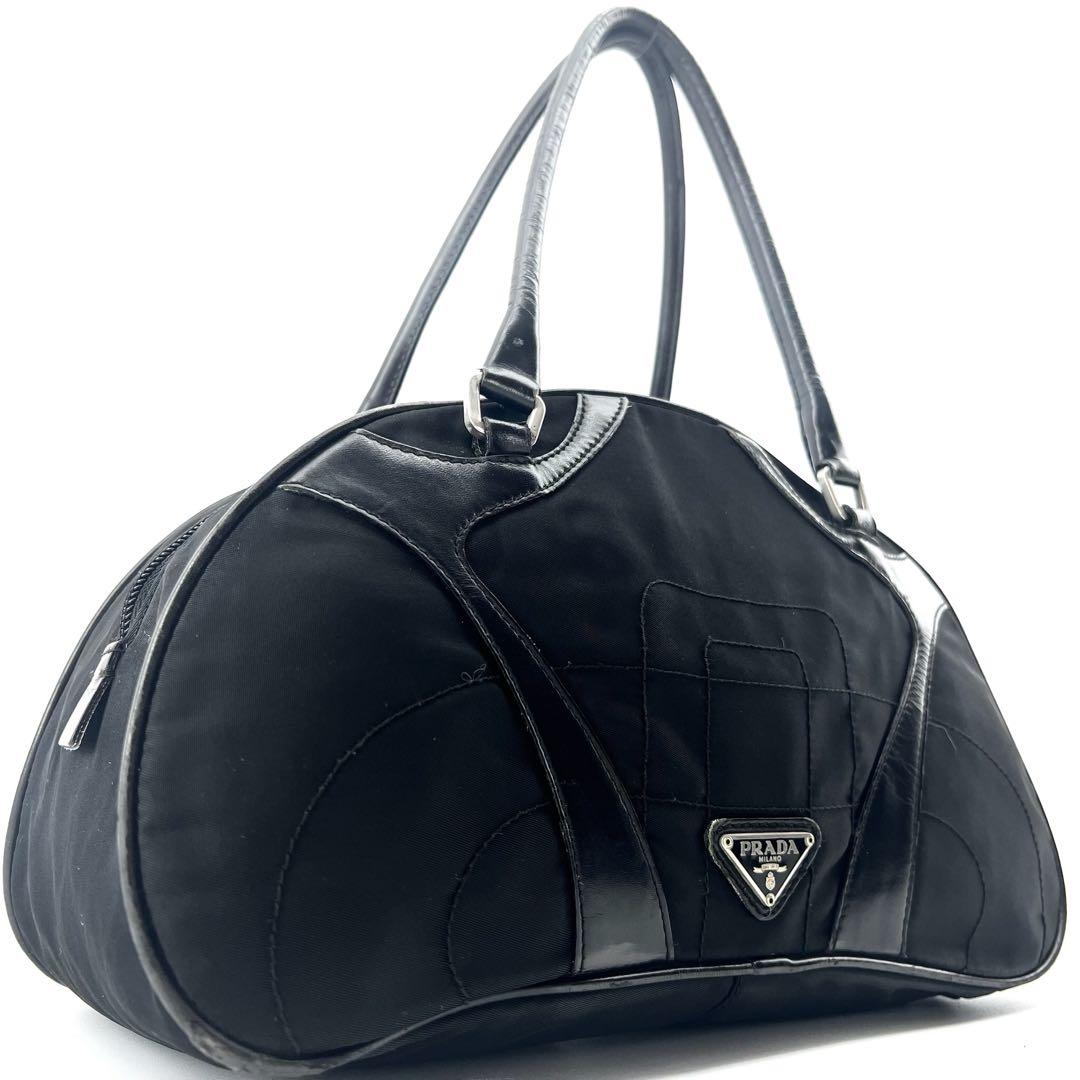 PRADA　トートバック　本革　ナイロン　黒　三角ロゴ　ボーリング　ドーム型