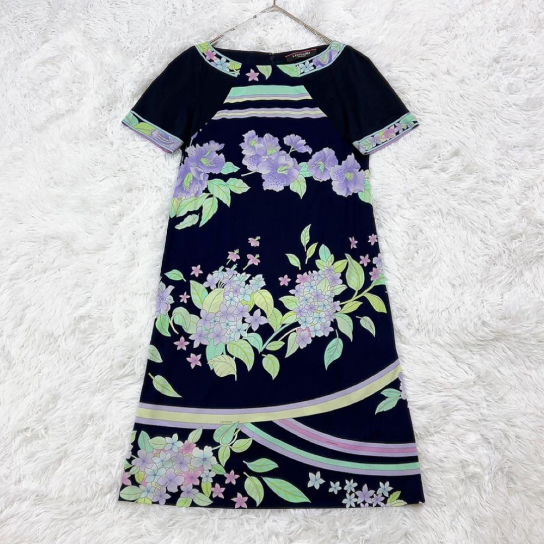 レオナール ワンピース カンカン 総柄 花 Aライン 40 L相当 ネイビー