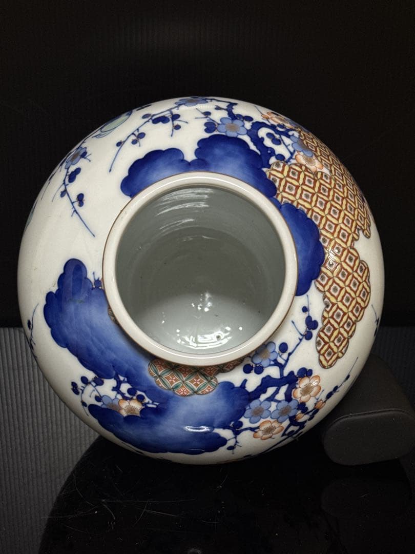 希少 オールド香蘭社 染錦 手描 華鳥七宝紋雲図 花瓶 花生 壷