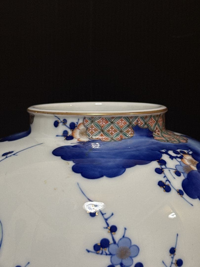 希少 オールド香蘭社 染錦 手描 華鳥七宝紋雲図 花瓶 花生 壷