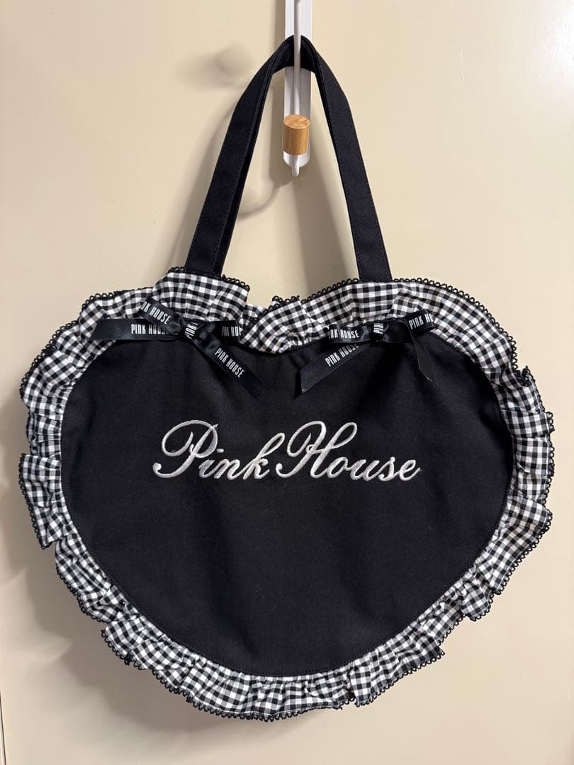 ピンクハウス❤︎ハートバッグ黒❤︎無地×ギンガムフリル❤︎ファスナーつき