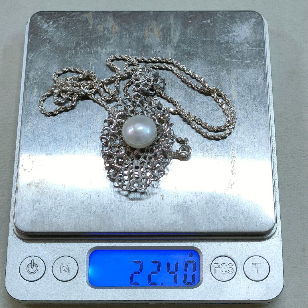 2AH93　真珠　925刻印　ダイヤモンド　ネックレス　シルバー