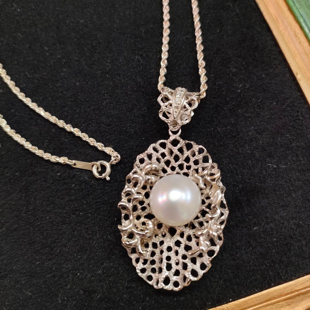 2AH93　真珠　925刻印　ダイヤモンド　ネックレス　シルバー