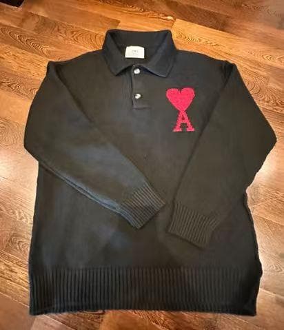♡AMI PARIS♡ ブラック ニットポロシャツ ハート刺繍 男女兼用