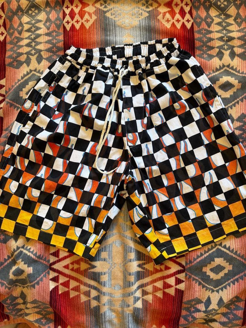US ファイヤーパターン フレイム　チェック　ショート ハーフ パンツ