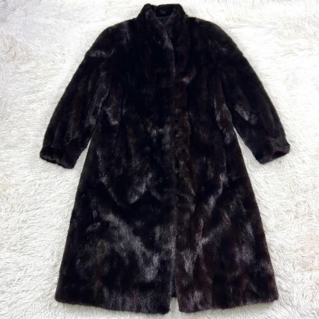 極艶 希少丈111cm ミンク リアルファー ロングコート 刺繡 ダークブラウン
