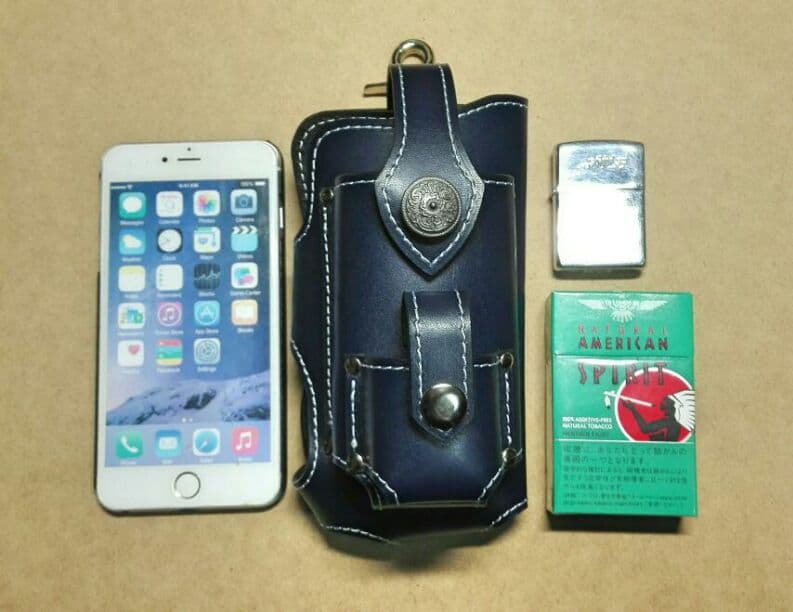 オリジナルデザイン、スマホ、タバコ、ジッポポケット付ホルダー濃紺