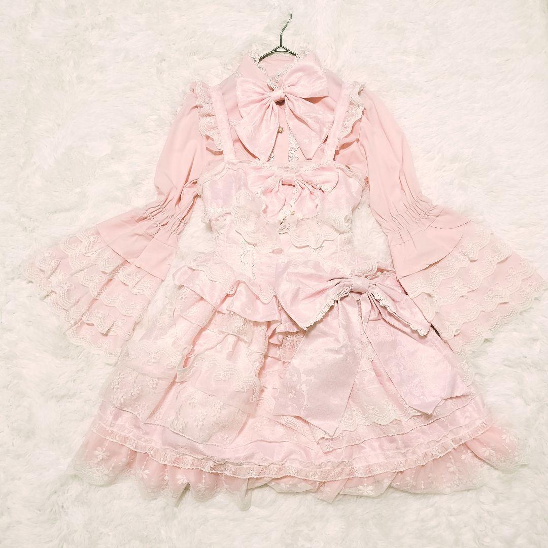 十字心結シリーズロリィタドレス ブラウス ワンピース 姫袖 甘ロリ ピンク