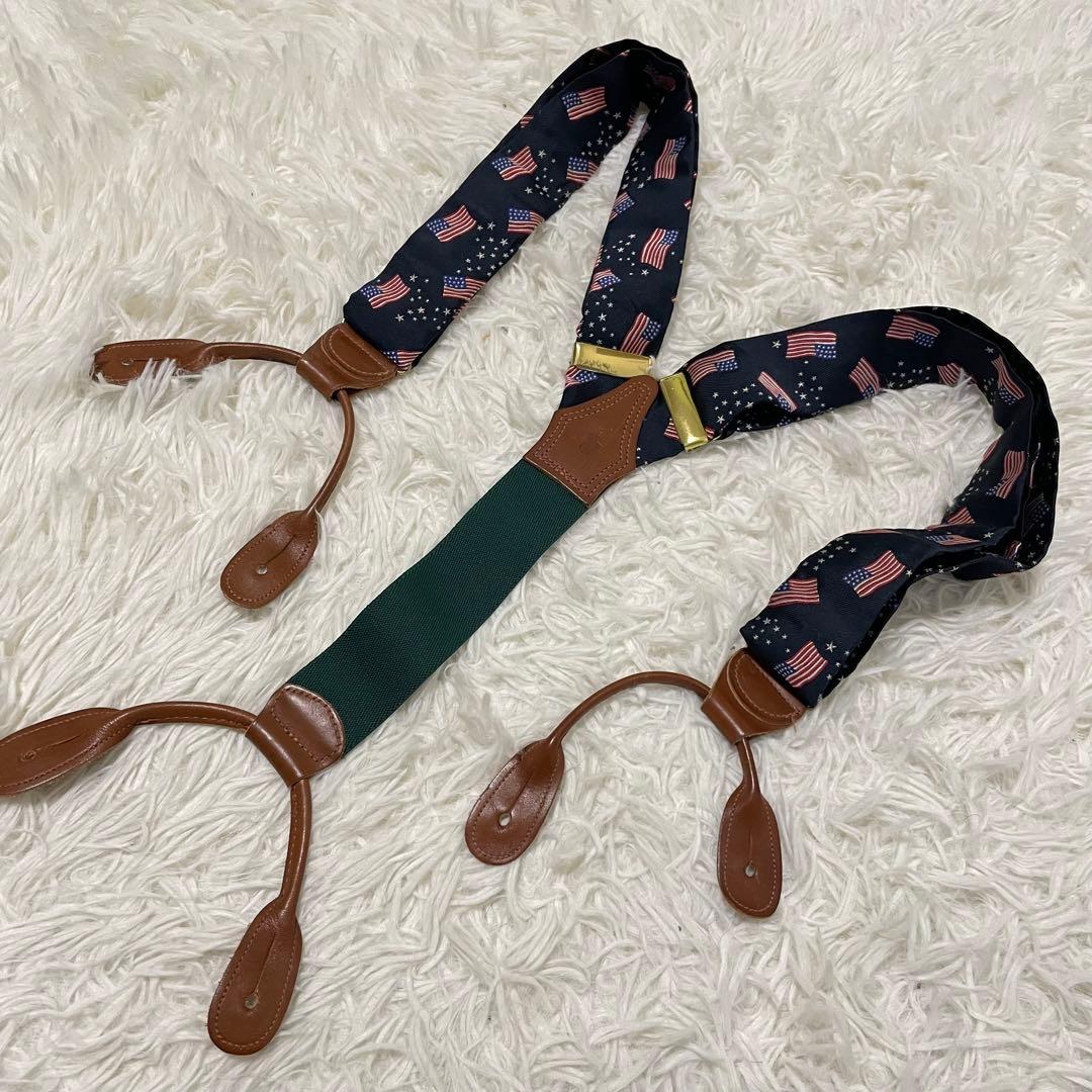美品 ポロラルフローレン サスペンダー フラッグ柄 星条旗 ロゴ刻印 本革