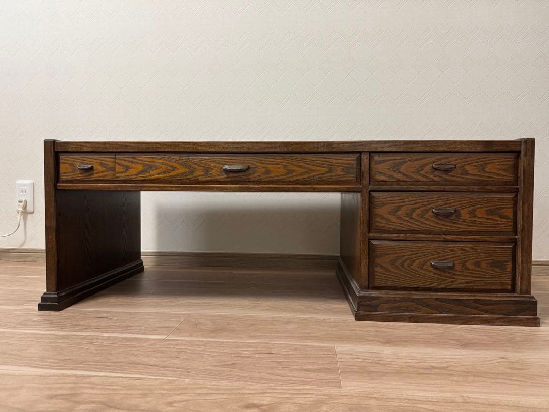 机　文机　座机　ローデスク　座卓　　　ダークブラウン木製デスク 5引き出し
