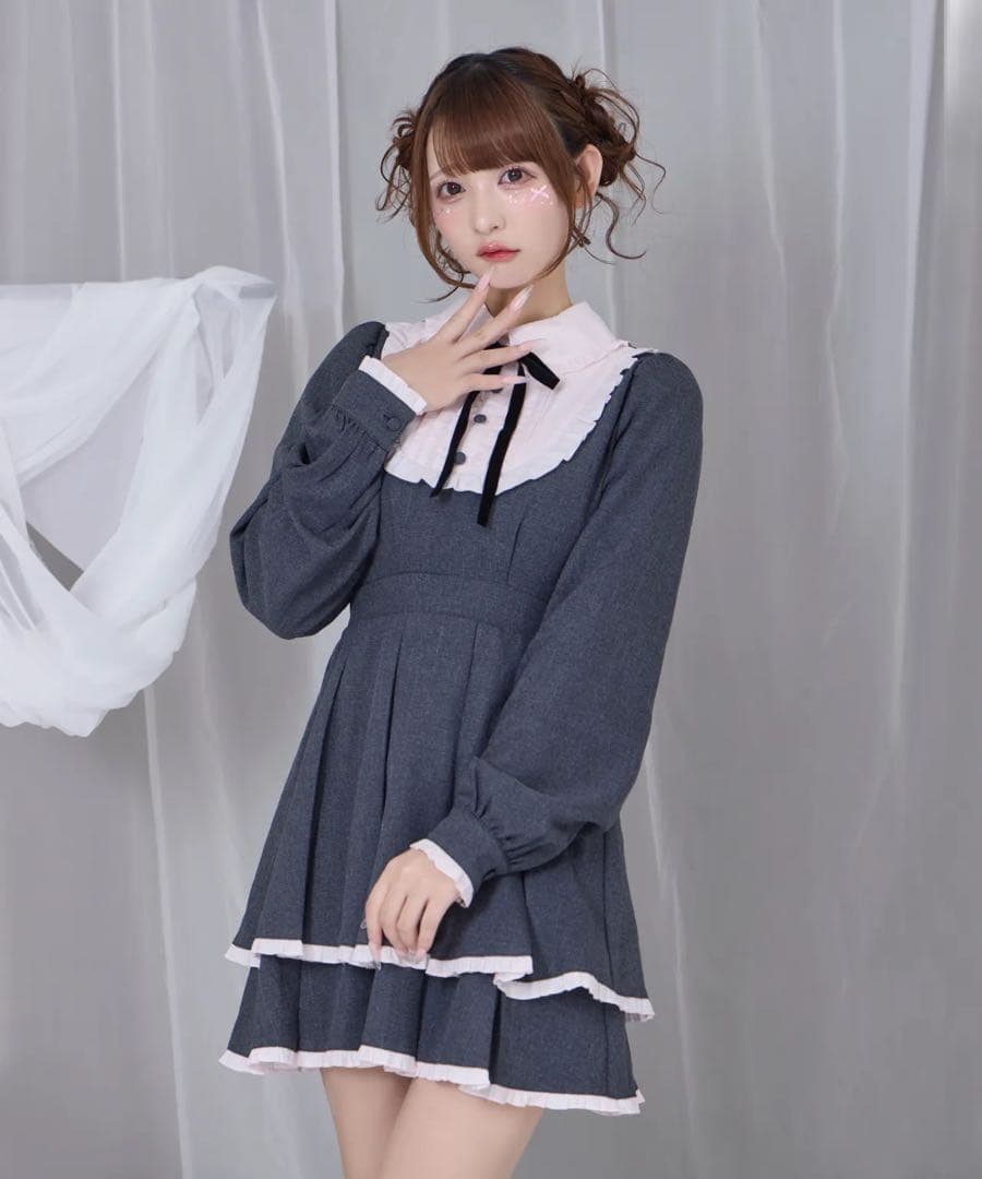 Honey Cinnamon ベロアリボン配色ヨークワンピース　ブラック