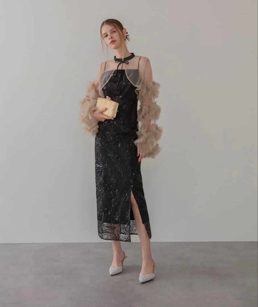 leja フリルチュールスリーブリボンIラインワンピースドレス パーティドレス