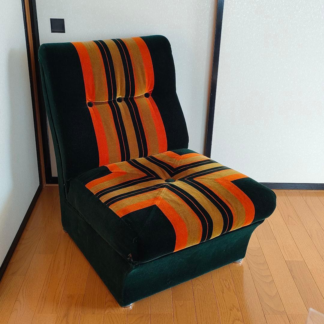 ヴィンテージ レトロ 一人掛けソファ モケット グリーン ストライプ