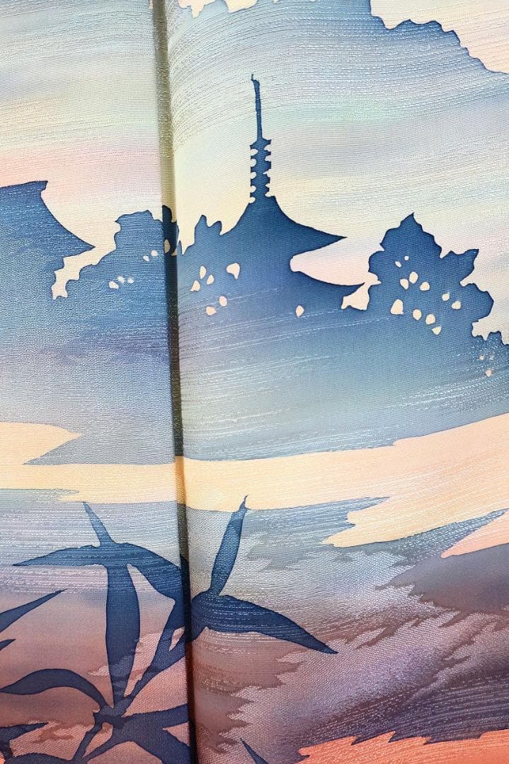 ★専用★訪問着 ブルーグレー オレンジ系 夕暮れの京風景身丈163.0cm 正絹