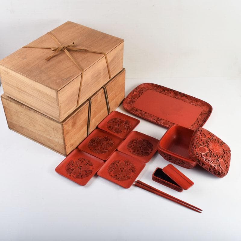 スペード　龍斎作　堆朱　花草文　御菓子器揃　時代二重箱　C　8871A