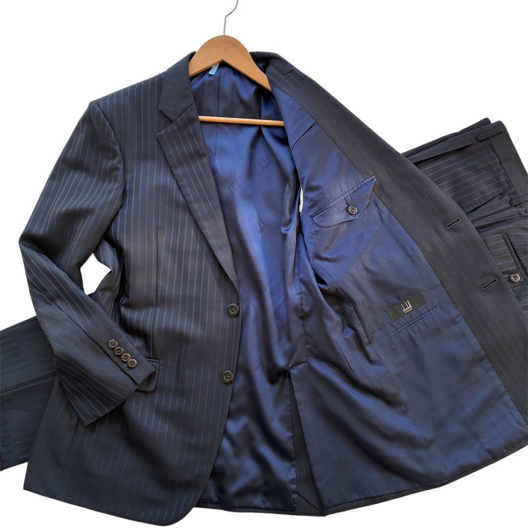 美品✨ダンヒル オーダーメイド スーツ ストライプ ネイビー　L相当　裏地ロゴ