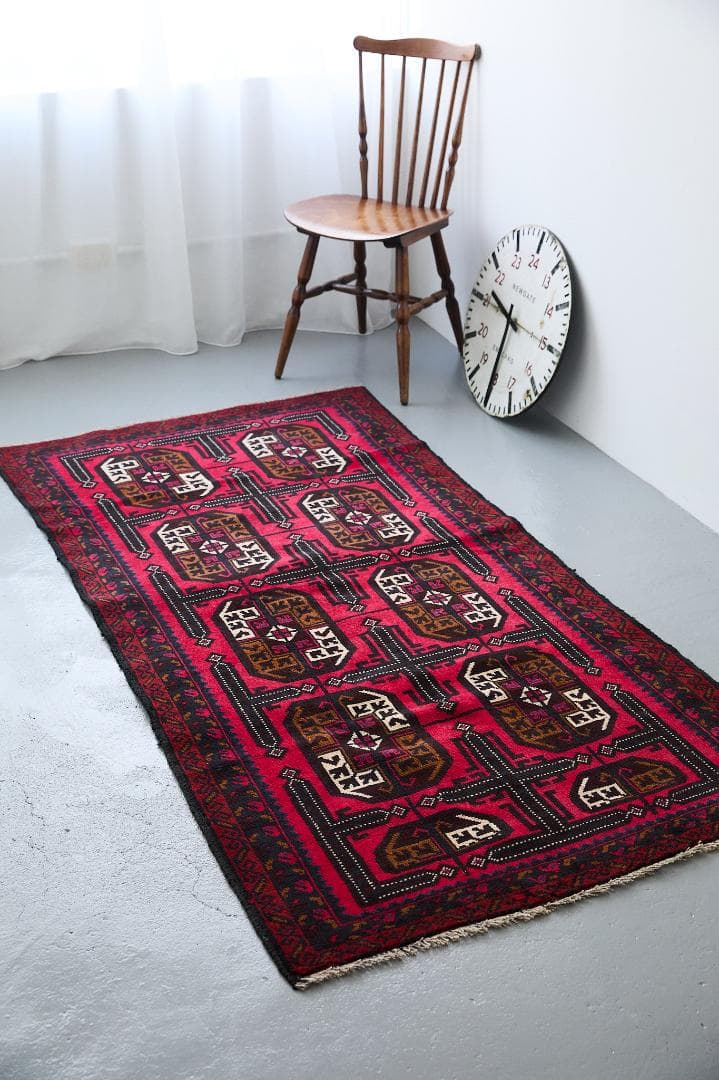 ヴィンテージラグ　トライバルラグ　バルーチ族(199×103cm)茶・赤・紺・黒