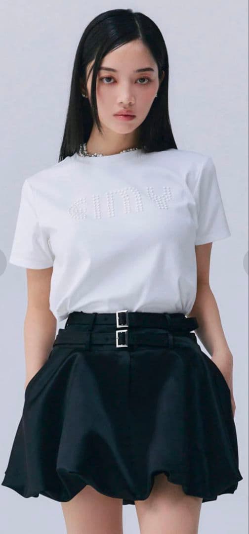 ダブルベルトサテンミニスカート　ブラックМ