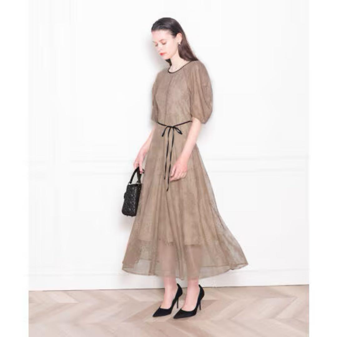 【LEJA】パフスリーブウエストリボン総レースロングドレス