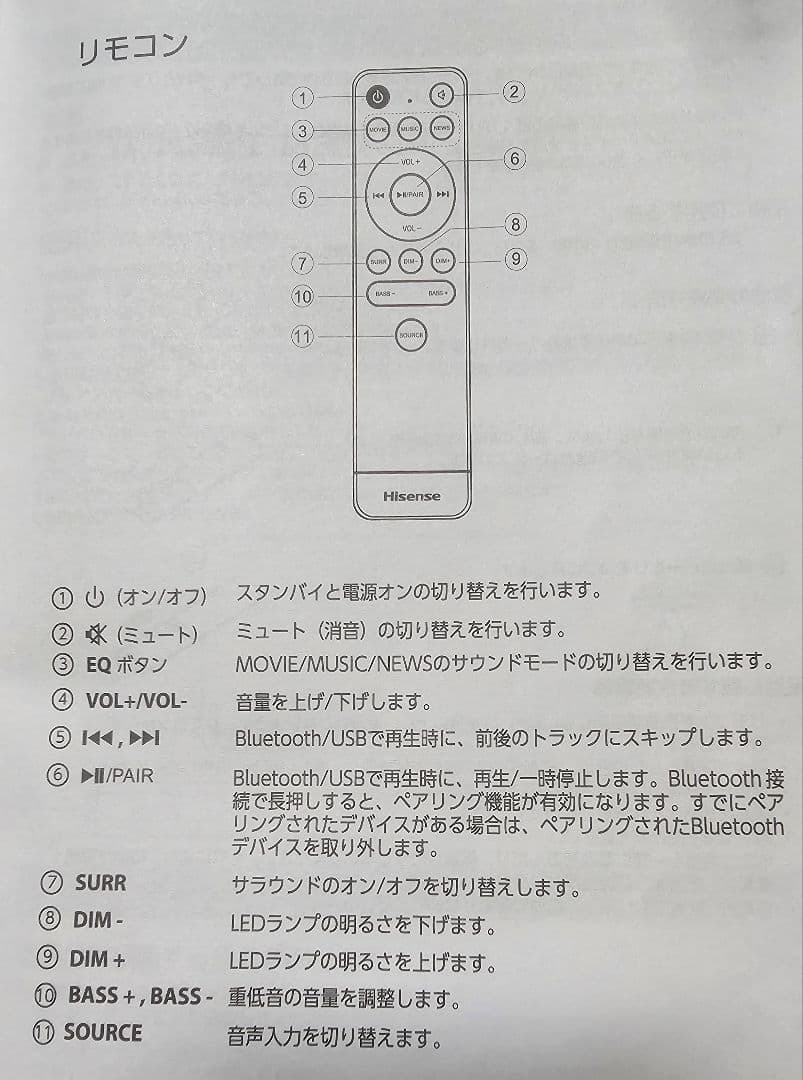 【美品】ハイセンス 2.1ch サウンドバー スピーカー HS214 リモコン