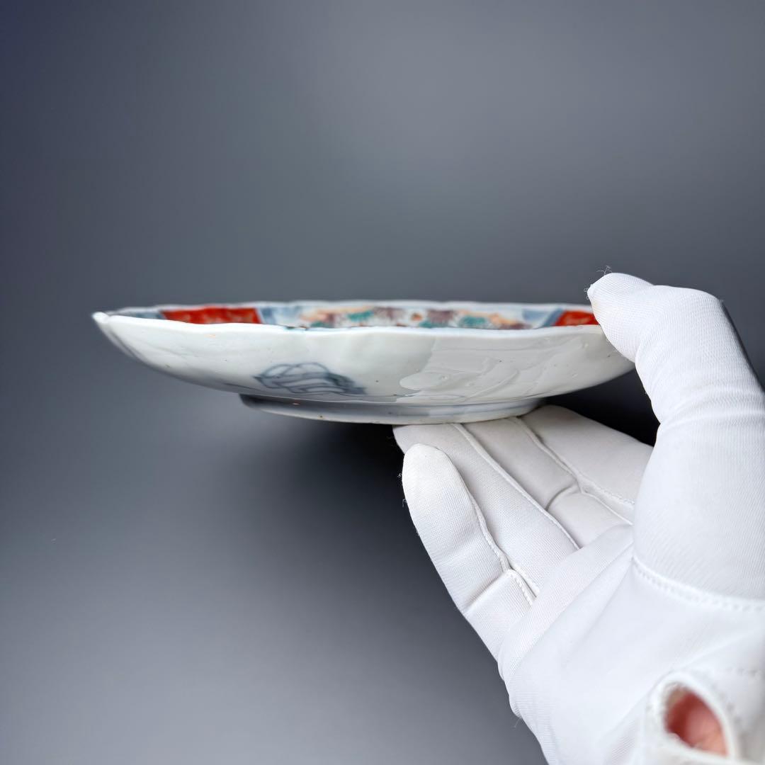 古伊万里　色絵花鳥図輪花形七寸皿　松竹梅　裏巻物文様　江戸期　金蘭手　最後の四枚