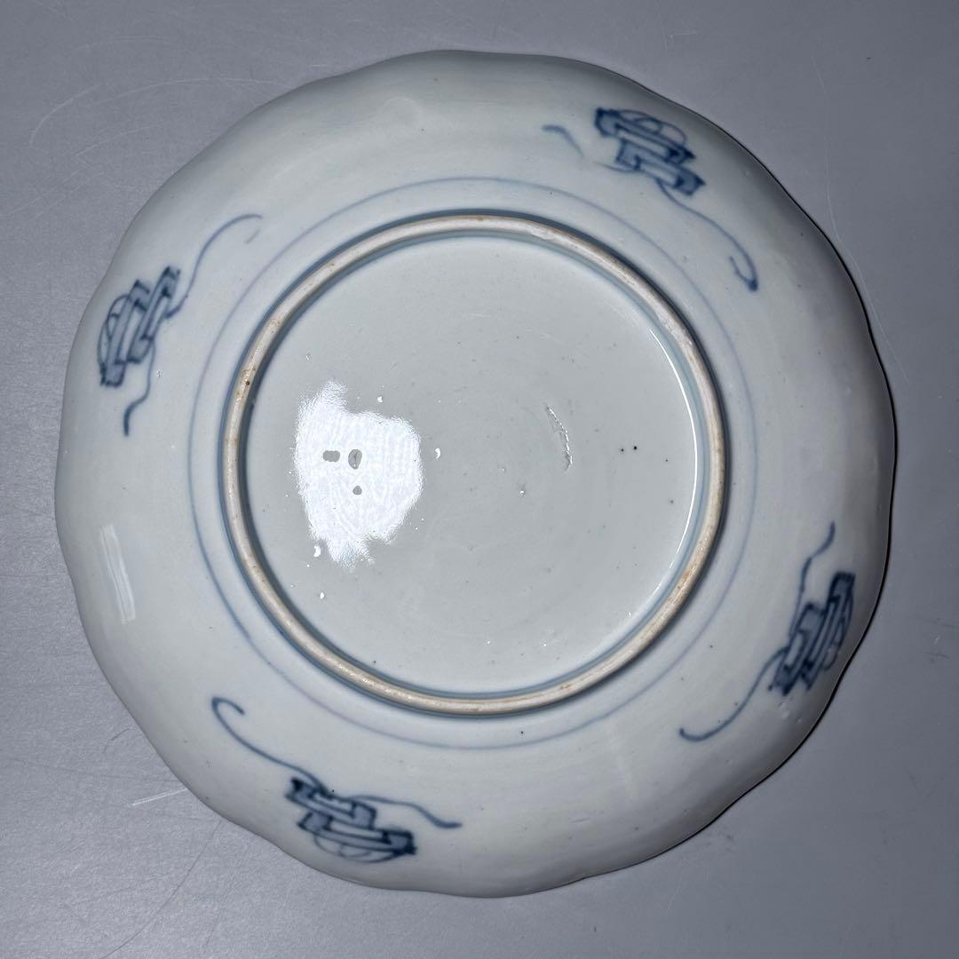 古伊万里　色絵花鳥図輪花形七寸皿　松竹梅　裏巻物文様　江戸期　金蘭手　最後の四枚