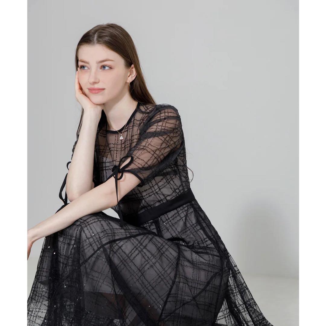 Leja チェックスパンコールリボンワンピースドレス