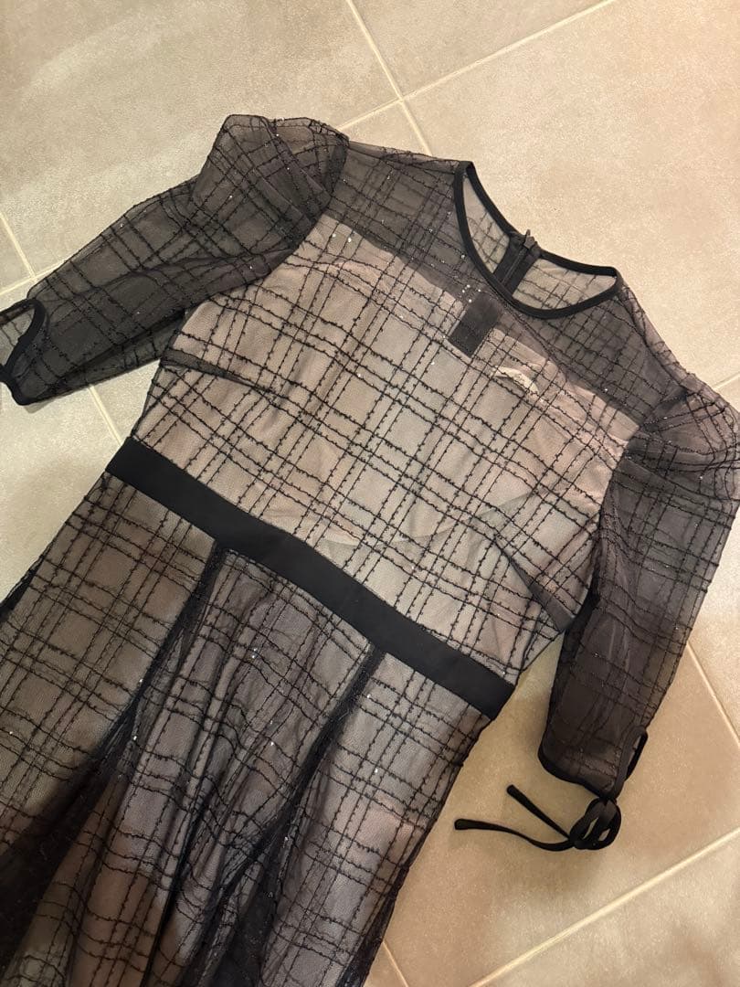 Leja チェックスパンコールリボンワンピースドレス