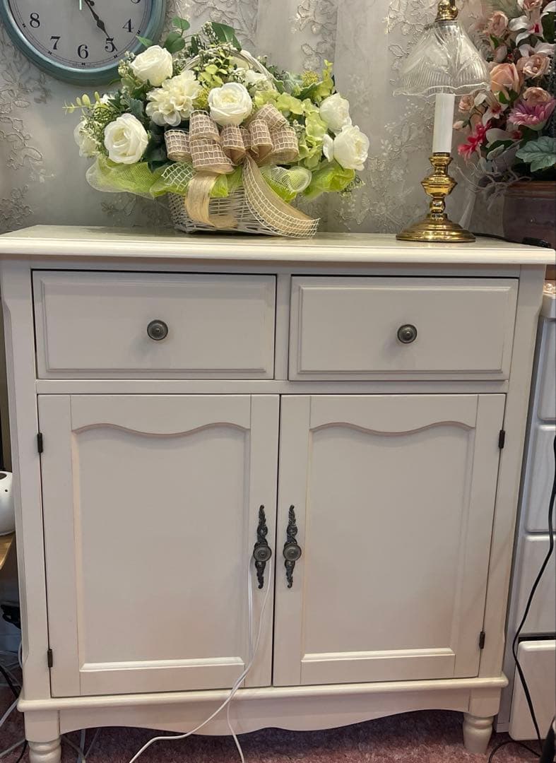 フレンチカントリー調北欧アイボリー木製キャビネット 両開きチェスト収納姫系