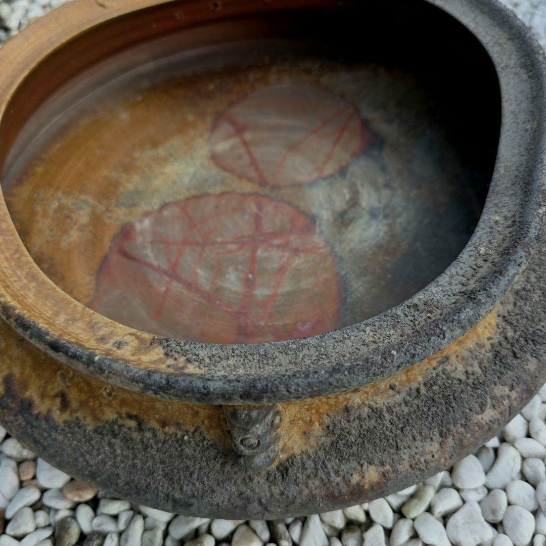 備前焼　藤原陶臣作　三点猫足/三つ足付　水盤　花器　花生