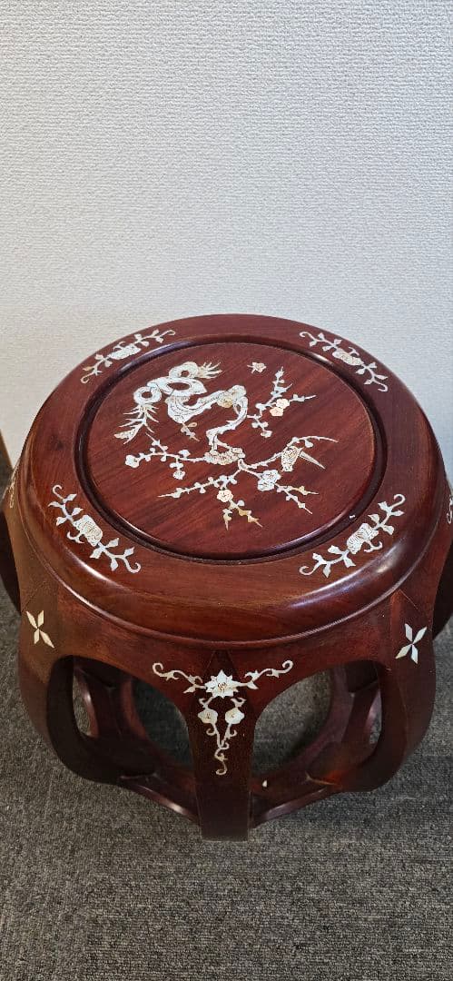 【美品】花梨 無垢 螺鈿細工スツール/椅子 飾り台/花台　太鼓型椅子