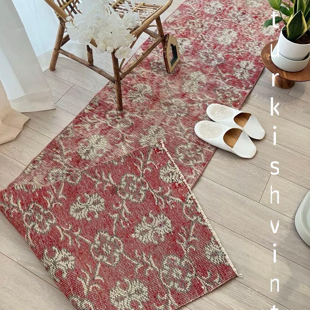 超ロング　シャビーレッド56×290✳︎紋章柄　ランナー　トルコヴィンテージラグ
