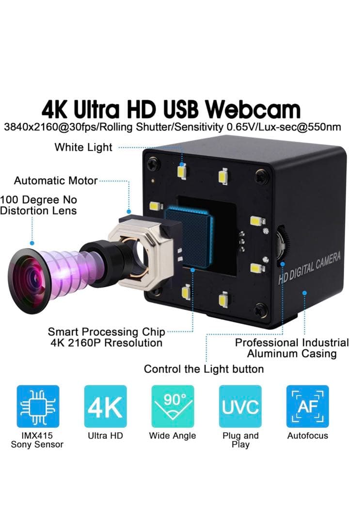 4k USBカメラ ELPオートフォーカス 100度歪みのないレンズ LED