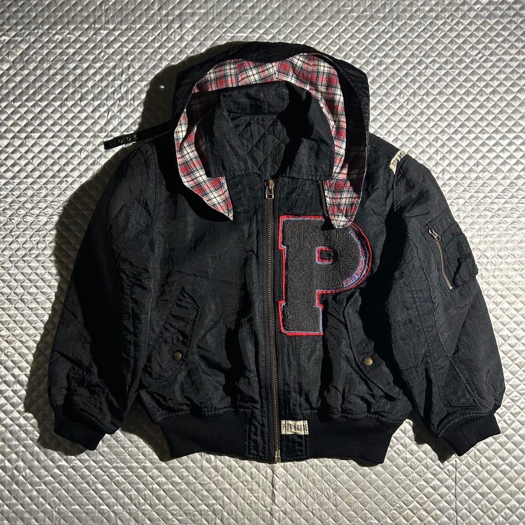 90s PINK HOUSE ゼッケンブルゾン 黒 ワッペン フード