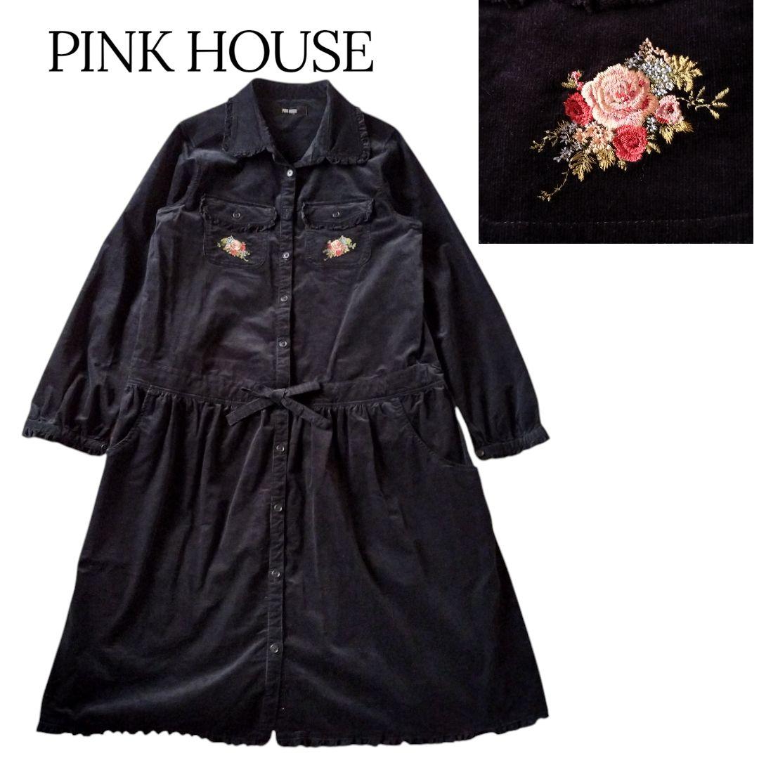 PINK HOUSE ピンクハウス コーデュロイ 薔薇 刺繍 ワンピース 黒