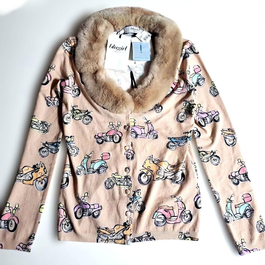 blugirl　バイク柄　総柄　長袖　カーディガン　ファー　ピンク　イタリア製