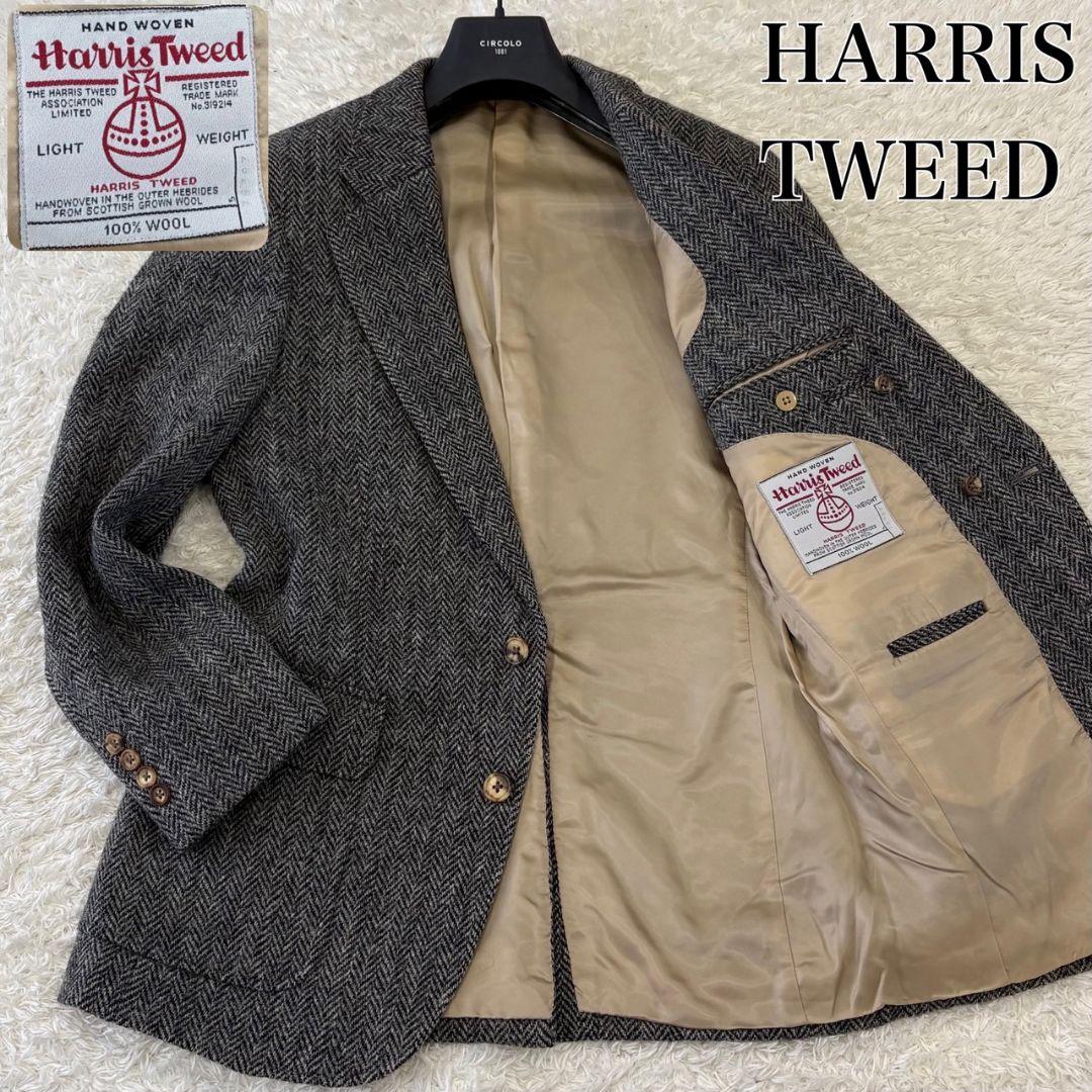 ハリスツイード テーラードジャケット 総柄 ヘリンボーン M チャコールグレー