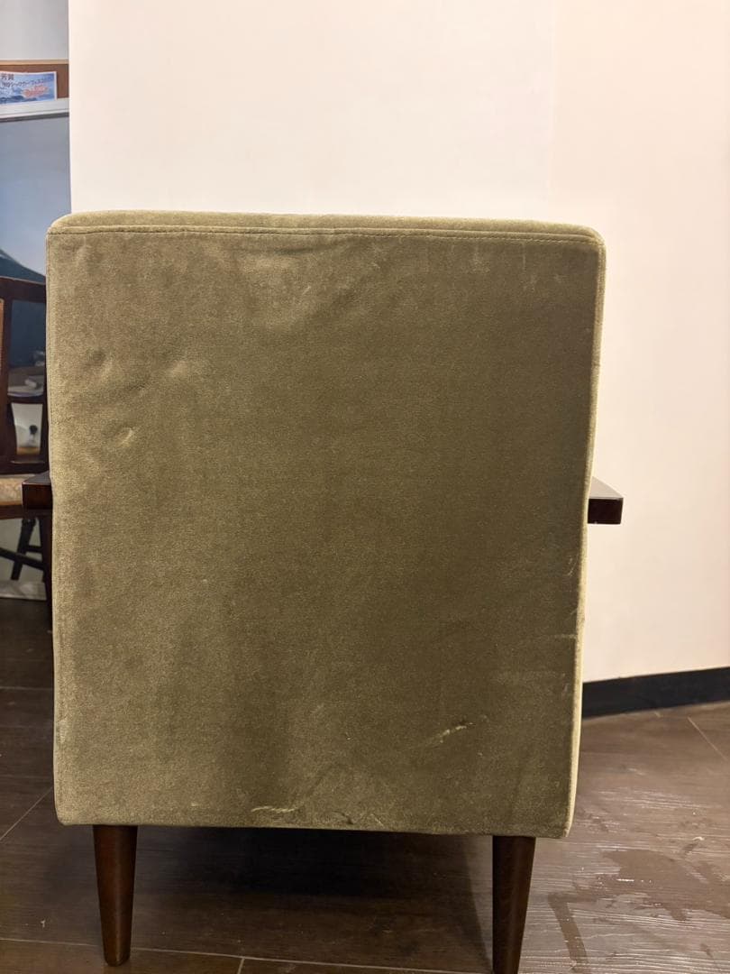 国産レトロ　喫茶店チェア 1シーターソファ ベロア×木製アームチェア　グリーン