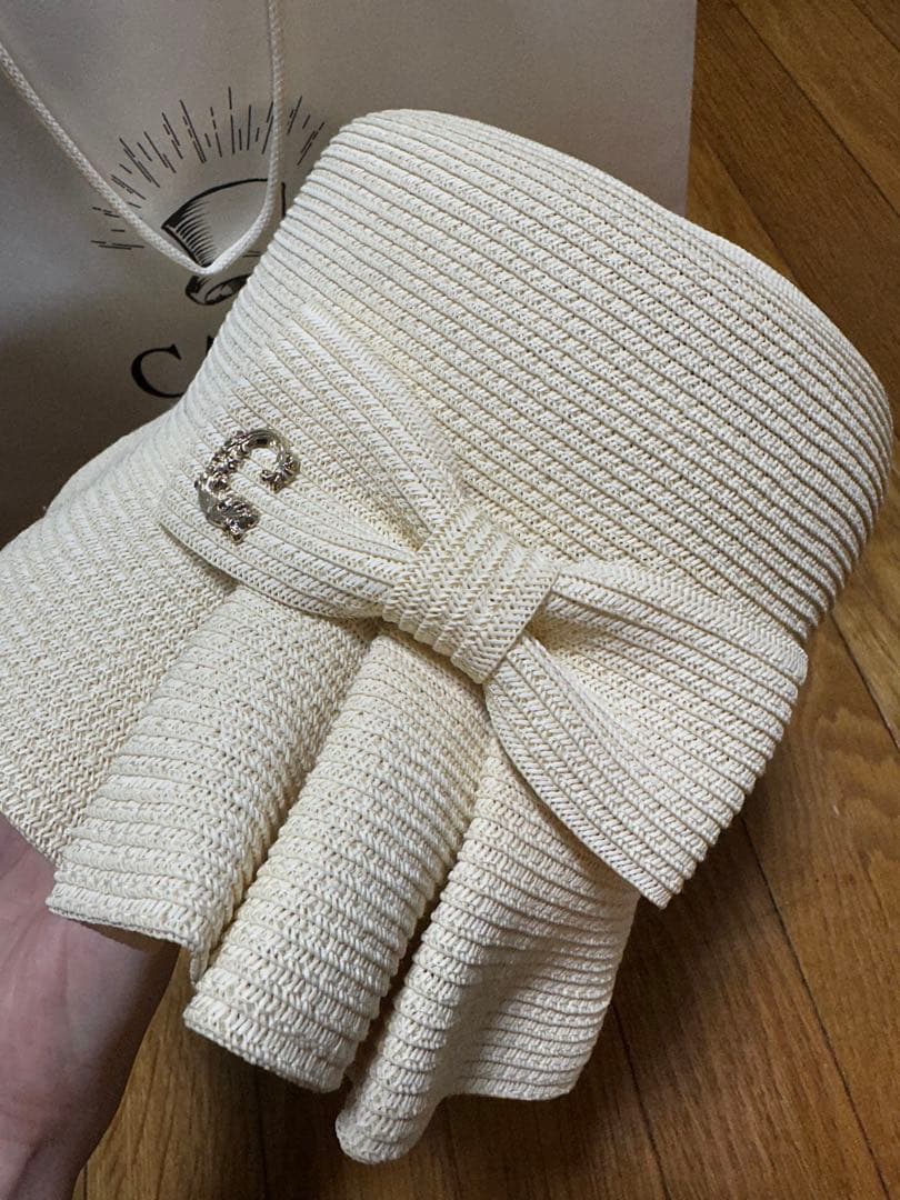 アイボリー リボン付き 麦わら帽子