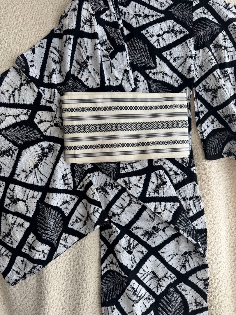 有松絞り 白黒 葉柄 浴衣 単品 着丈たっぷり高身長の方にも　トールサイズ