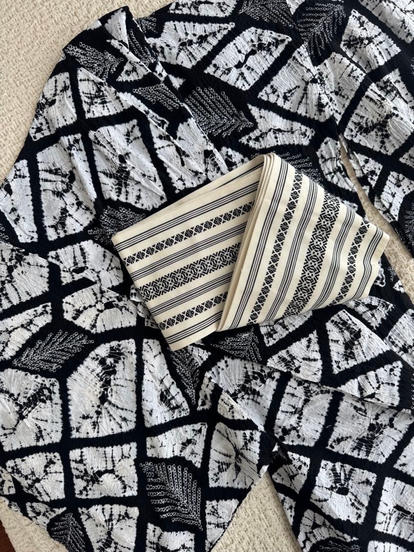 有松絞り 白黒 葉柄 浴衣 単品 着丈たっぷり高身長の方にも　トールサイズ