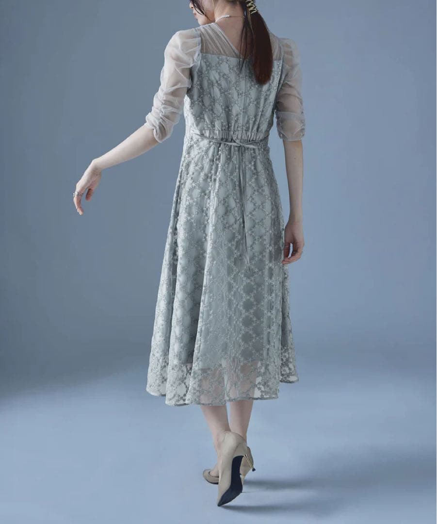 Floral diagonal check flare dress グレー