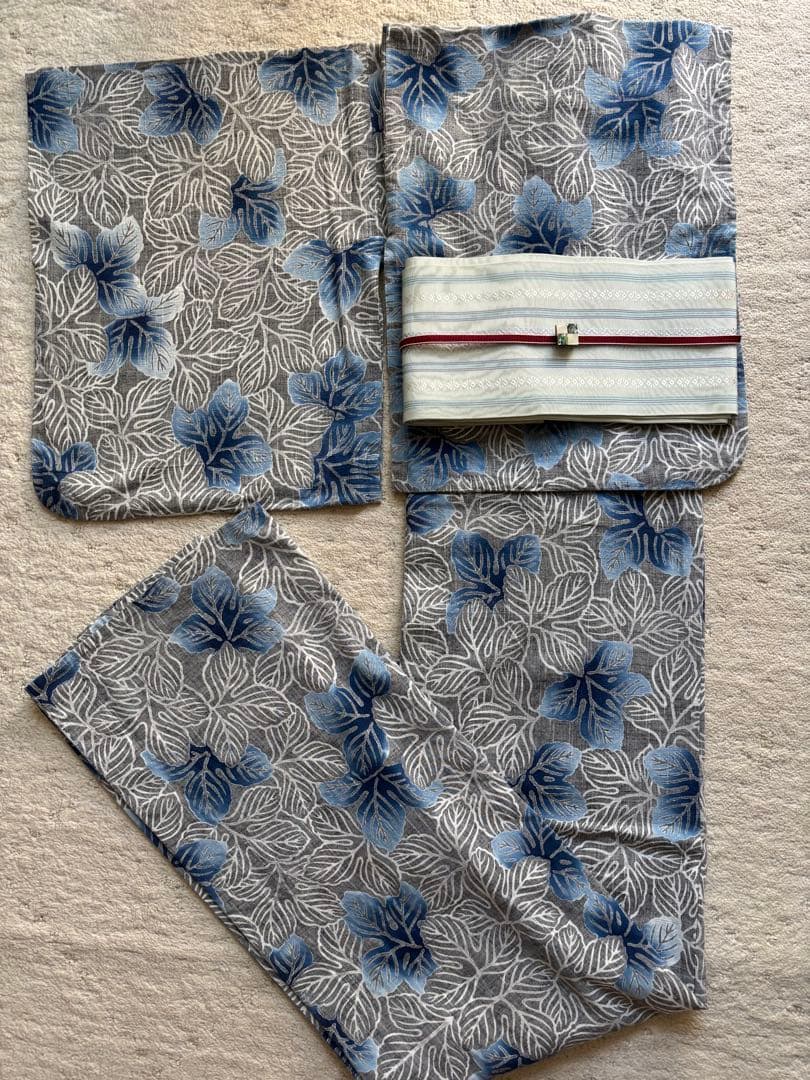 青い葉柄の浴衣　竺仙　綿紬　注染