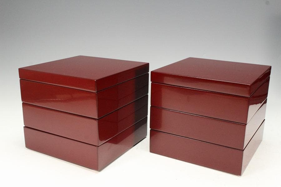 漆器 瓢窓 三段重 手提げ器 二段蓋物 弁当 一対 月見 正月(K-XA770)