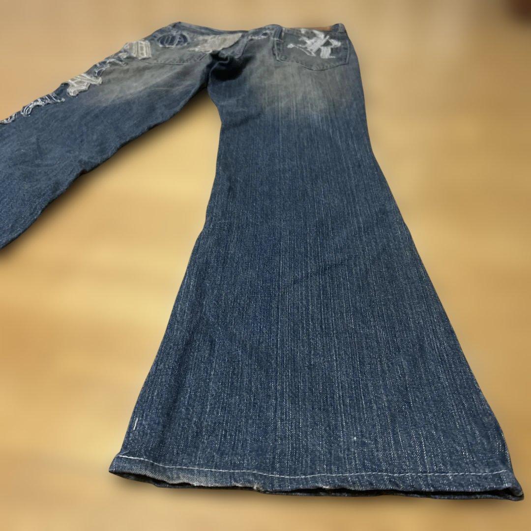 刺繍入りダークブルーブーツカットデニム　ヴィンテージ美品