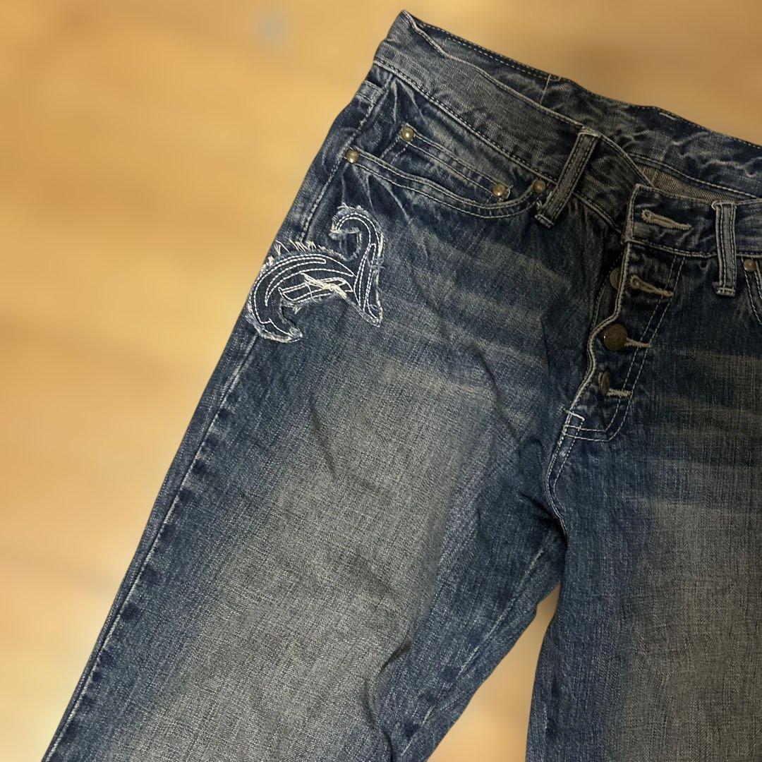 刺繍入りダークブルーブーツカットデニム　ヴィンテージ美品