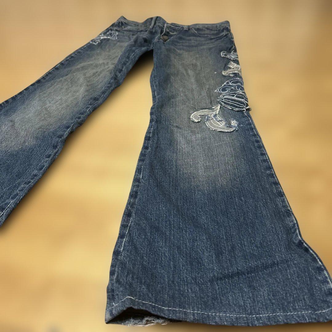 刺繍入りダークブルーブーツカットデニム　ヴィンテージ美品